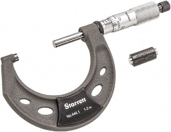 Starrett - 1 to 2" Range, 0.0001" Graduation, Mechanical Outside Micrometer - Ratchet Thimble, 1-1/4" Throat Depth, Accurate to 0.0001" - USA Tool & Supply