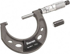 Starrett - 1 to 2" Range, 0.0001" Graduation, Mechanical Outside Micrometer - Ratchet Thimble, 1-1/4" Throat Depth, Accurate to 0.0001" - USA Tool & Supply