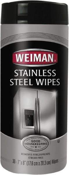 Weiman - Pre-Moistened Stainless Steel Cleaner Wipes - Canister, 8" x 7" Sheet Size, White - USA Tool & Supply