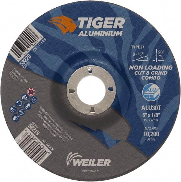 Weiler - 6" 30 Grit Aluminum Oxide/Silicon Carbide Blend Cutoff Wheel - 1/8" Thick, 7/8" Arbor, 10,200 Max RPM, Use with Angle Grinders - USA Tool & Supply