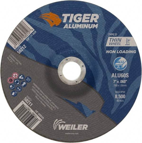 Weiler - 7" 60 Grit Aluminum Oxide/Silicon Carbide Blend Cutoff Wheel - 0.06" Thick, 7/8" Arbor, 8,500 Max RPM, Use with Angle Grinders - USA Tool & Supply