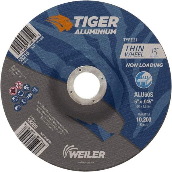 Weiler - 6" 60 Grit Aluminum Oxide/Silicon Carbide Blend Cutoff Wheel - 0.045" Thick, 7/8" Arbor, 10,200 Max RPM, Use with Angle Grinders - USA Tool & Supply