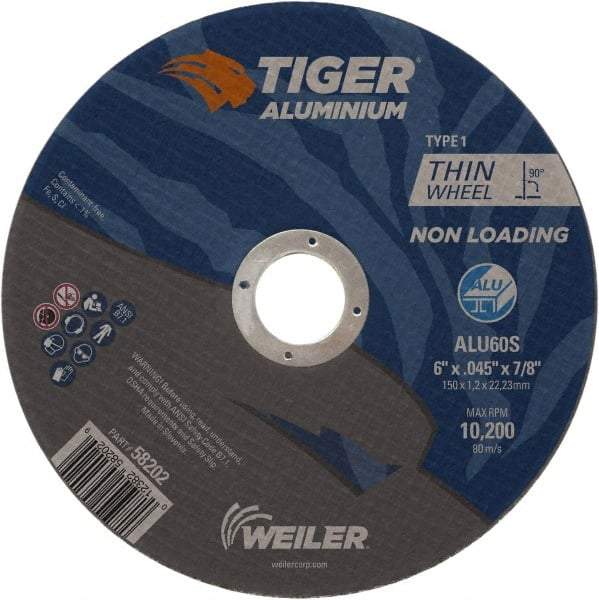 Weiler - 6" 60 Grit Aluminum Oxide/Silicon Carbide Blend Cutoff Wheel - 0.045" Thick, 7/8" Arbor, 10,200 Max RPM, Use with Angle Grinders - USA Tool & Supply