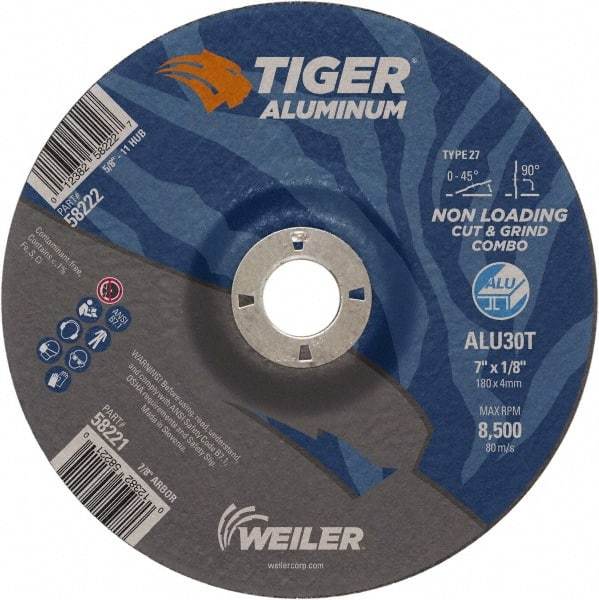 Weiler - 7" 30 Grit Aluminum Oxide/Silicon Carbide Blend Cutoff Wheel - 1/8" Thick, 7/8" Arbor, 8,500 Max RPM, Use with Angle Grinders - USA Tool & Supply