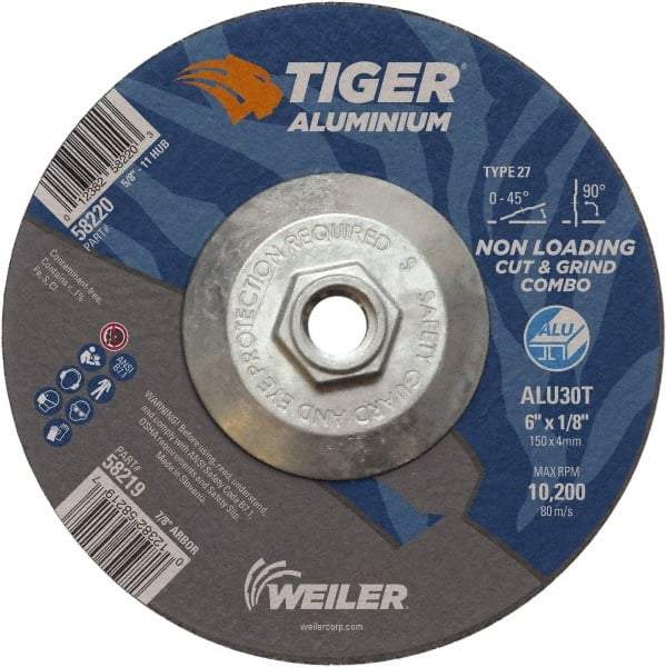 Weiler - 6" 30 Grit Aluminum Oxide/Silicon Carbide Blend Cutoff Wheel - 1/8" Thick, 5/8-11 Arbor, 10,200 Max RPM, Use with Angle Grinders - USA Tool & Supply