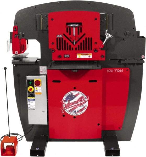 Edwards Manufacturing - 11" Throat Depth, 100 Ton Punch Pressure, 1-1/16" in 1" Punch Capacity Ironworker - 7-1/2 hp, 3 Phase, 460 Volts, 56-1/8" Wide x 61-11/16" High x 45" Deep - USA Tool & Supply