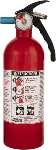 Kidde - 2 Lb, 5-B:C Rated, Dry Chemical Fire Extinguisher - 3-1/4" Diam x 10.95" High, 100 psi, 12' Discharge in 12 sec, Seamless Aluminum Cylinder - USA Tool & Supply