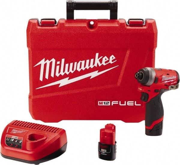 Milwaukee Tool - 1/4" Drive 12 Volt Pistol Grip Cordless Impact Wrench & Ratchet - 3,300 RPM, 0 to 4,000 BPM, 1,300 Ft/Lb Torque, 2 Lithium-Ion Batteries Included - USA Tool & Supply