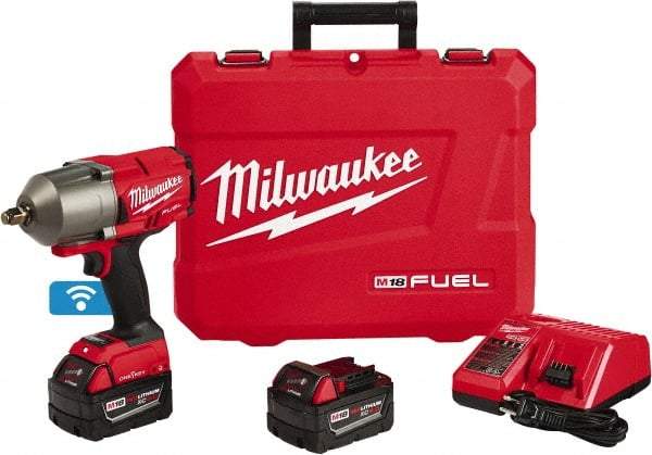 Milwaukee Tool - 1/2" Drive 18 Volt Pistol Grip Cordless Impact Wrench & Ratchet - 1,750 RPM, 0 to 2,100 BPM, 1,400 Ft/Lb Torque, 2 Lithium-Ion Batteries Included - USA Tool & Supply