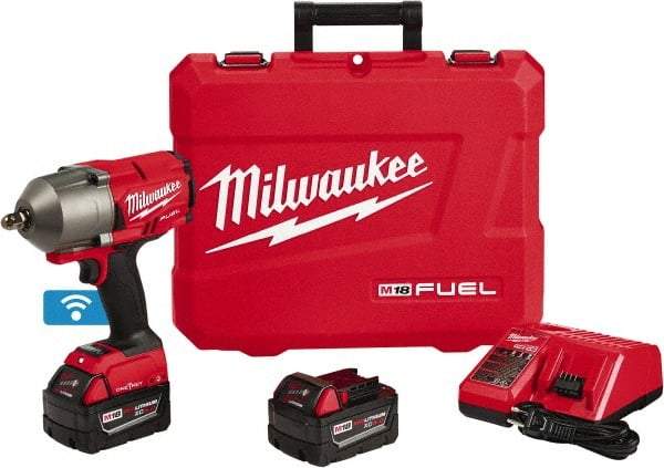 Milwaukee Tool - 1/2" Drive 18 Volt Pistol Grip Cordless Impact Wrench & Ratchet - 1,800 RPM, 0 to 2,400 BPM, 1,100 Ft/Lb Torque, 2 Lithium-Ion Batteries Included - USA Tool & Supply