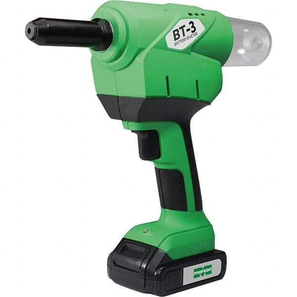 Marson - 3/16 to 1/4" Closed End Rivet Capacity , 4,600 Lb Pull Force Cordless Electric Riveter - 1.18" Stroke Length, 20 VDC, Mandrel Collection, Battery Included - USA Tool & Supply