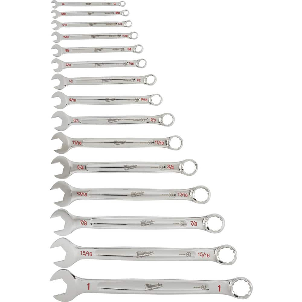 Combination Wrench Set: 15 Pc, Inch Chrome-Plated