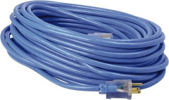 Southwire - 100', 14/3 Gauge/Conductors, Blue & Yellow Industrial Extension Cord - 3 Receptacles, 10 Amps, 125 VAC, UL SJTW, NEMA 5-15P - USA Tool & Supply