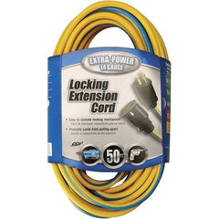 Southwire - 50', 14/3 Gauge/Conductors, Blue & Yellow Locking Extension Cord - 15 Amps, 125 VAC, UL SJTW, NEMA 5-15P - USA Tool & Supply