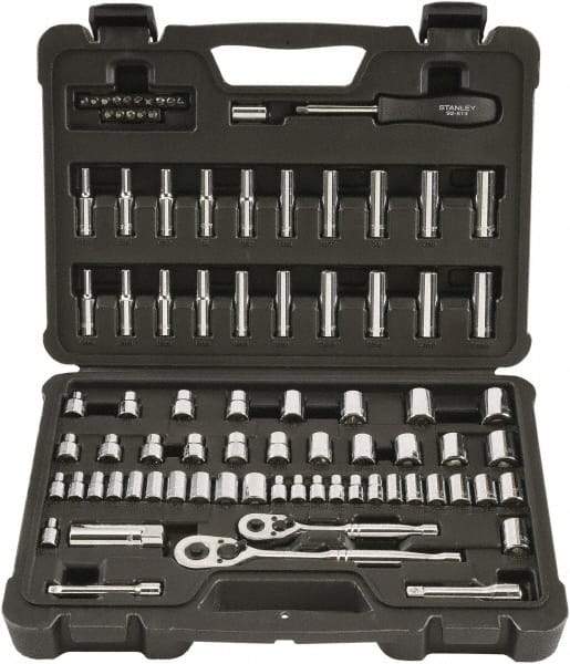 Stanley - 85 Piece 1/4" & 3/8" Drive Chrome Finish Socket Set - 12 Points, 5/32" to 7/8" (4mm to 19mm) Range, Inch/Metric Measurement Standard - USA Tool & Supply