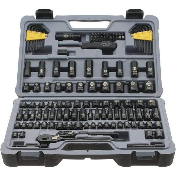 Stanley - 123 Piece 1/4" Drive Black Chrome Finish Socket Set - 12 Points, 5/32" to 1/2" (4mm to 12mm) Range, Inch/Metric Measurement Standard - USA Tool & Supply