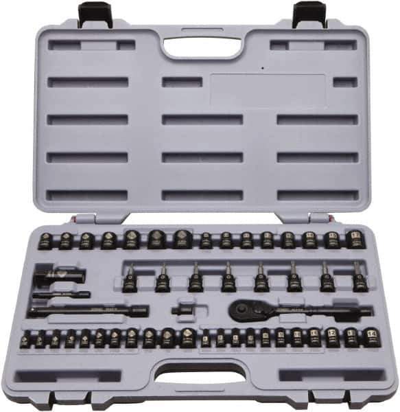 Stanley - 50 Piece 1/4 & 3/8" Drive Standard Socket Set - 5/32 to 9/16", 4 to 18mm, Inch/Metric Measurement Standard - USA Tool & Supply