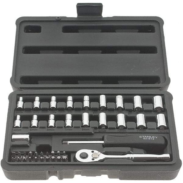 Stanley - 41 Piece 1/4" Drive Chrome Finish Socket Set - 12 Points, 5/32" to 11/16" (4mm to 17mm) Range, Inch/Metric Measurement Standard - USA Tool & Supply