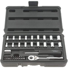 Stanley - 41 Piece 1/4" Drive Chrome Finish Socket Set - 12 Points, 5/32" to 11/16" (4mm to 17mm) Range, Inch/Metric Measurement Standard - USA Tool & Supply