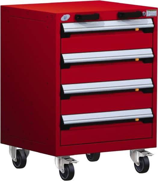 Rousseau Metal - 4 Drawer Steel Tool Roller Cabinet - 24" Wide x 33" High x 21" Deep, Ball Bearing Drawer Slides, Red - USA Tool & Supply