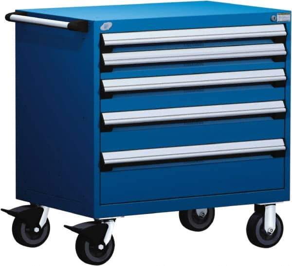 Rousseau Metal - 5 Drawer Steel Tool Roller Cabinet - 36" Wide x 37-1/2" High x 24" Deep, Ball Bearing Drawer Slides, Blue - USA Tool & Supply