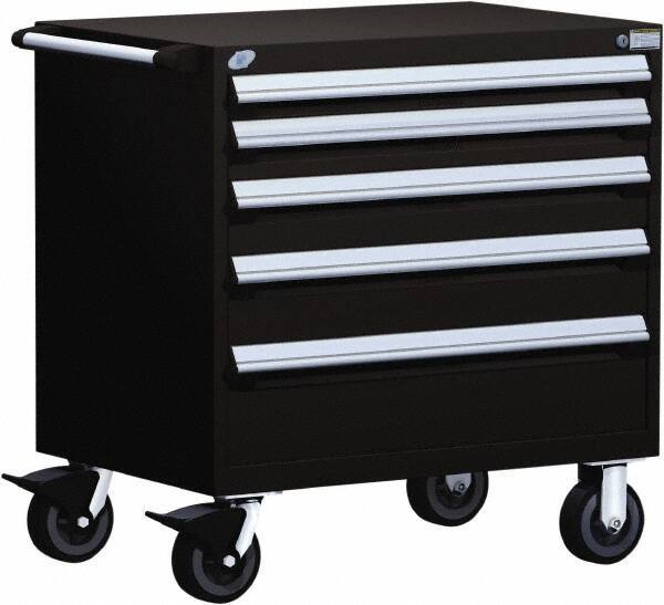 Rousseau Metal - 5 Drawer Steel Tool Roller Cabinet - 36" Wide x 37-1/2" High x 18" Deep, Ball Bearing Drawer Slides, Black - USA Tool & Supply