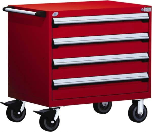 Rousseau Metal - 4 Drawer Steel Tool Roller Cabinet - 36" Wide x 35-1/8" High x 18" Deep, Ball Bearing Drawer Slides, Red - USA Tool & Supply