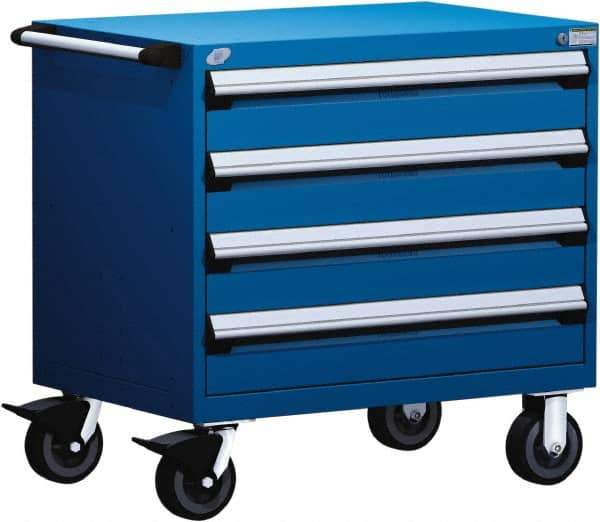 Rousseau Metal - 4 Drawer Steel Tool Roller Cabinet - 36" Wide x 35-1/8" High x 18" Deep, Ball Bearing Drawer Slides, Blue - USA Tool & Supply