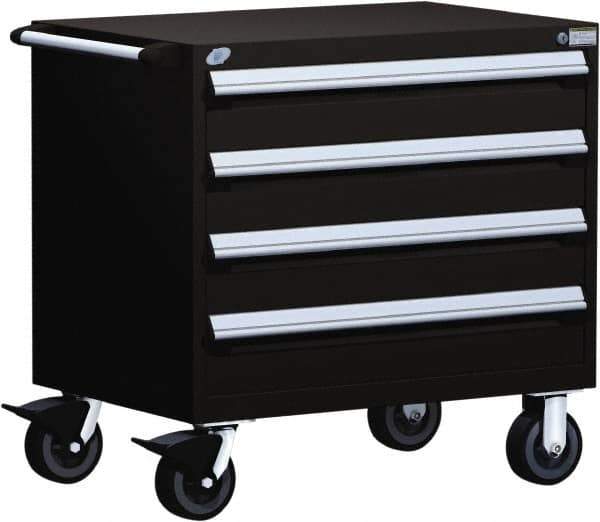 Rousseau Metal - 4 Drawer Steel Tool Roller Cabinet - 30" Wide x 35-1/8" High x 27" Deep, Ball Bearing Drawer Slides, Red - USA Tool & Supply