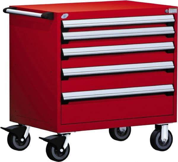 Rousseau Metal - 5 Drawer Steel Tool Roller Cabinet - 36" Wide x 37-1/2" High x 18" Deep, Ball Bearing Drawer Slides, Red - USA Tool & Supply