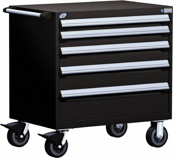 Rousseau Metal - 5 Drawer Steel Tool Roller Cabinet - 30" Wide x 37-1/2" High x 21" Deep, Ball Bearing Drawer Slides, Black - USA Tool & Supply