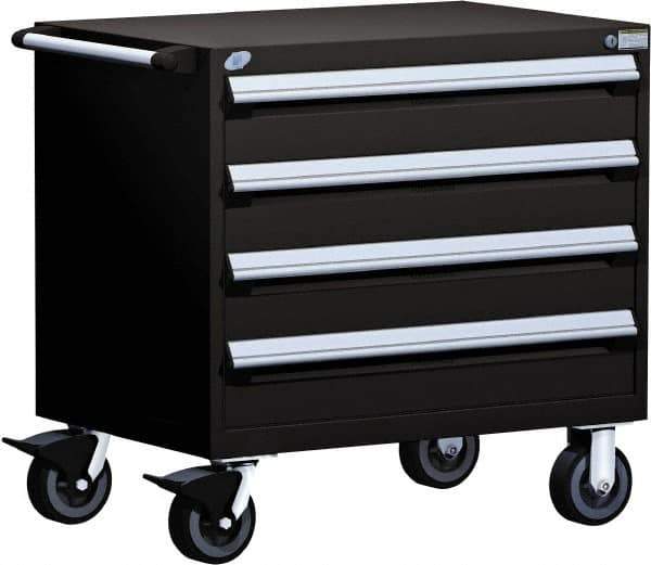 Rousseau Metal - 4 Drawer Steel Tool Roller Cabinet - 36" Wide x 35-1/8" High x 24" Deep, Ball Bearing Drawer Slides, Black - USA Tool & Supply