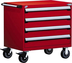 Rousseau Metal - 4 Drawer Steel Tool Roller Cabinet - 36" Wide x 35-1/8" High x 24" Deep, Ball Bearing Drawer Slides, Red - USA Tool & Supply