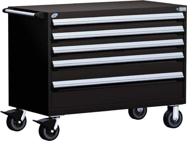 Rousseau Metal - 5 Drawer Steel Tool Roller Cabinet - 48" Wide x 37-1/2" High x 27" Deep, Ball Bearing Drawer Slides, Black - USA Tool & Supply