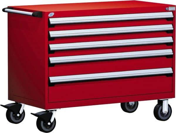 Rousseau Metal - 5 Drawer Steel Tool Roller Cabinet - 48" Wide x 37-1/2" High x 24" Deep, Ball Bearing Drawer Slides, Red - USA Tool & Supply