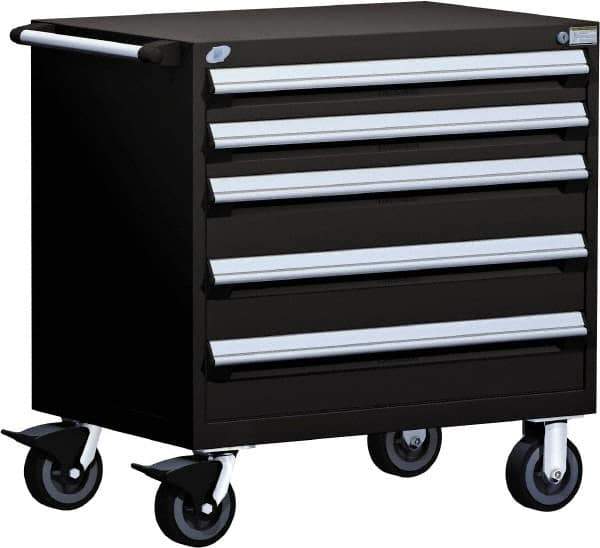 Rousseau Metal - 5 Drawer Steel Tool Roller Cabinet - 36" Wide x 37-1/2" High x 24" Deep, Ball Bearing Drawer Slides, Black - USA Tool & Supply