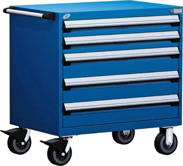 Rousseau Metal - 5 Drawer Steel Tool Roller Cabinet - 36" Wide x 37-1/2" High x 18" Deep, Ball Bearing Drawer Slides, Blue - USA Tool & Supply