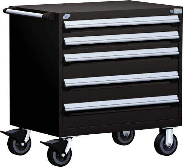 Rousseau Metal - 5 Drawer Steel Tool Roller Cabinet - 30" Wide x 37-1/2" High x 21" Deep, Ball Bearing Drawer Slides, Black - USA Tool & Supply
