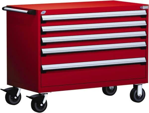 Rousseau Metal - 5 Drawer Steel Tool Roller Cabinet - 48" Wide x 37-1/2" High x 27" Deep, Ball Bearing Drawer Slides, Red - USA Tool & Supply