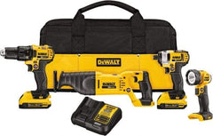 DeWALT - 20 Volt Cordless Tool Combination Kit - Includes 1/2" Drill/Driver, 1/4" Impact Driver, Reciprocating Saw & LED Worklight, Lithium-Ion Battery Included - USA Tool & Supply