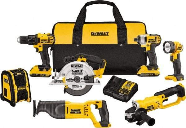 DeWALT - 20 Volt Cordless Tool Combination Kit - Includes 1/2" Compact Drill/Driver, 1/4" Impact Driver, Cut-off Tool/Grinder, Reciprocating Saw, 6-1/2 Circular Saw, LED Worklight & Bluetooth Speaker, Lithium-Ion Battery Included - USA Tool & Supply