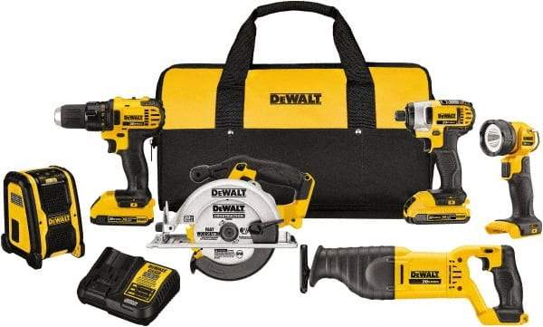 DeWALT - 20 Volt Cordless Tool Combination Kit - Includes 1/2" Compact Drill/Driver, 1/4" Impact Driver, Reciprocating Saw, 6-1/2 Circular Saw, LED Worklight & Bluetooth Speaker, Lithium-Ion Battery Included - USA Tool & Supply