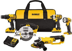 DeWALT - 20 Volt Cordless Tool Combination Kit - Includes 1/2" Compact Drill/Driver, 1/4" Impact Driver, Cut-off Tool/Grinder, 6-1/2 Circular Saw & LED Worklight, Lithium-Ion Battery Included - USA Tool & Supply