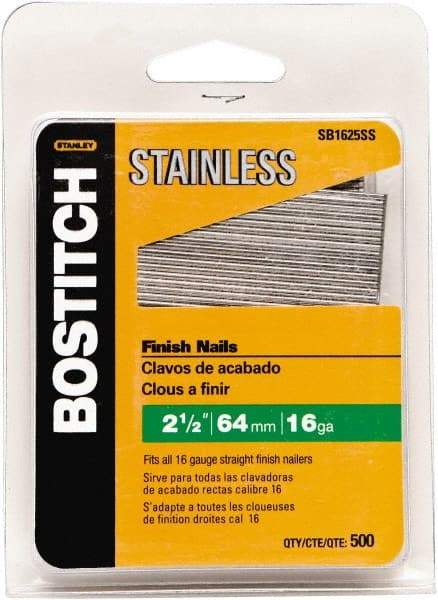 Stanley Bostitch - 16 Gauge 1/16" Shank Diam 2-1/2" Long Finishing Nails for Power Nailers - Stainless Steel, Smooth Shank, Straight Stick Adhesive Collation, Round Head, Chisel Point - USA Tool & Supply