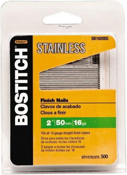 Stanley Bostitch - 16 Gauge 1/16" Shank Diam 2" Long Finishing Nails for Power Nailers - Stainless Steel, Smooth Shank, Straight Stick Adhesive Collation, Round Head, Chisel Point - USA Tool & Supply