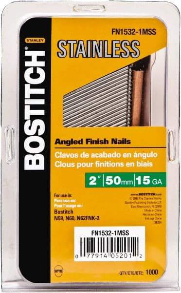 Stanley Bostitch - 15 Gauge 0.07" Shank Diam 2" Long Finishing Nails for Power Nailers - Stainless Steel, Smooth Shank, Angled Stick Adhesive Collation, Round Head, Chisel Point - USA Tool & Supply