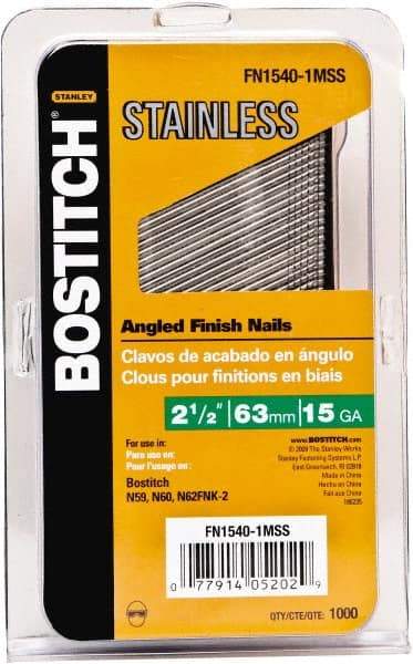 Stanley Bostitch - 15 Gauge 0.07" Shank Diam 2-1/2" Long Finishing Nails for Power Nailers - Stainless Steel, Smooth Shank, Angled Stick Adhesive Collation, Round Head, Chisel Point - USA Tool & Supply