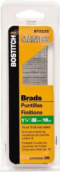 Stanley Bostitch - 18 Gauge 0.05" Shank Diam 1-1/4" Long Brad Nails for Power Nailers - Stainless Steel, Ring Shank, Straight Stick Adhesive Collation, Brad Head, Chisel Point - USA Tool & Supply