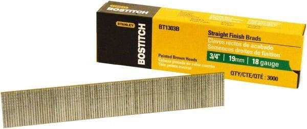 Stanley Bostitch - 18 Gauge 0.05" Shank Diam 3/4" Long Brad Nails for Power Nailers - Steel, Bright Finish, Ring Shank, Straight Stick Adhesive Collation, Brad Head, Chisel Point - USA Tool & Supply