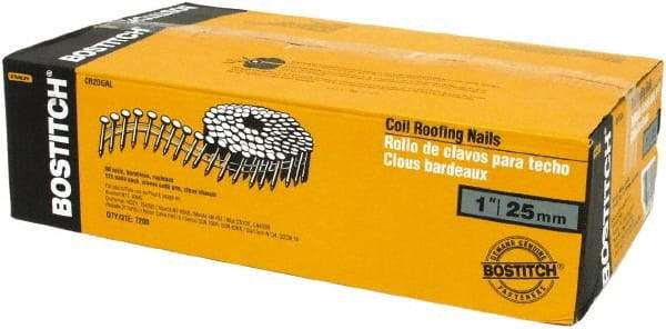 Stanley Bostitch - 13 Gauge 1" Long Roofing Nails for Power Nailers - Steel, Galvanized Finish, Smooth Shank, Coil Wire Collation, Round Head, Diamond Point - USA Tool & Supply